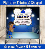 A LITTLE CHAMP IS ON HIS WAY BACKDROP - ROYAL BLUE Custom Favorz by Sharon